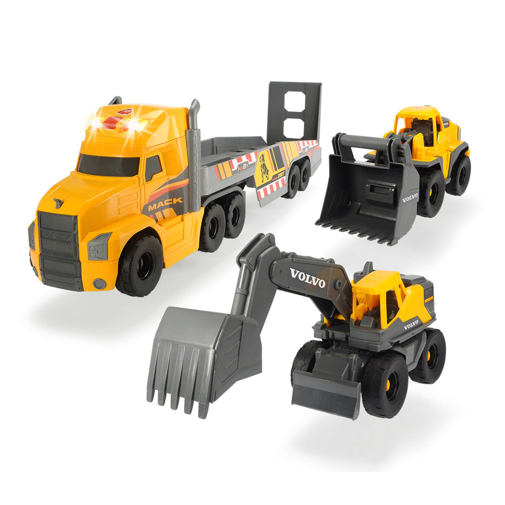 Mack truck with trailer and two Volvo construction vehicles including excavator and wheel loader, yellow and gray toy set on white background