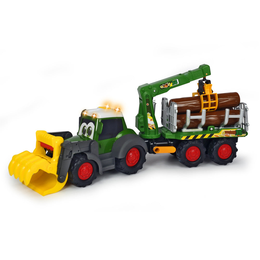 Green and yellow Dickie Toys farm vehicle playset with articulated tractor, front plow attachment, and trailer carrying log cargo
