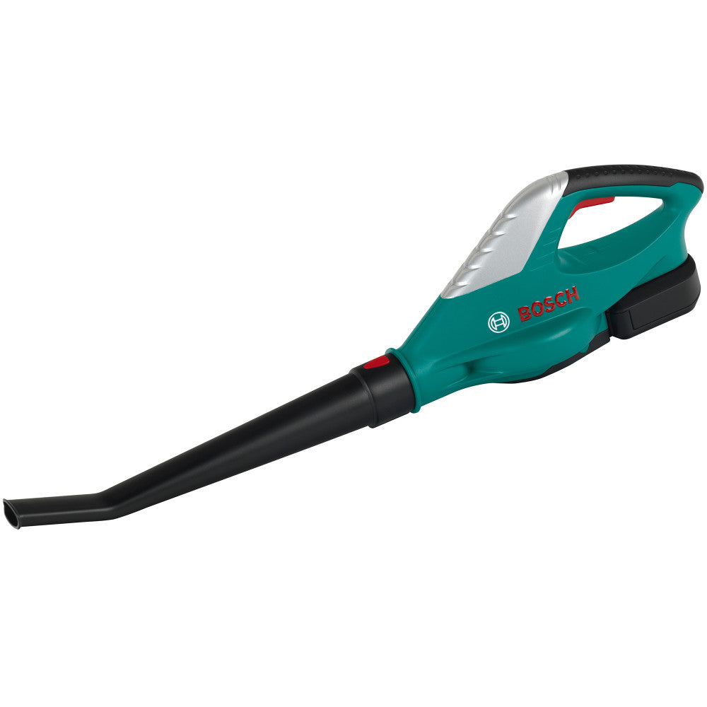 Teal and black toy leaf blower with Bosch branding, designed for pretend play yard work