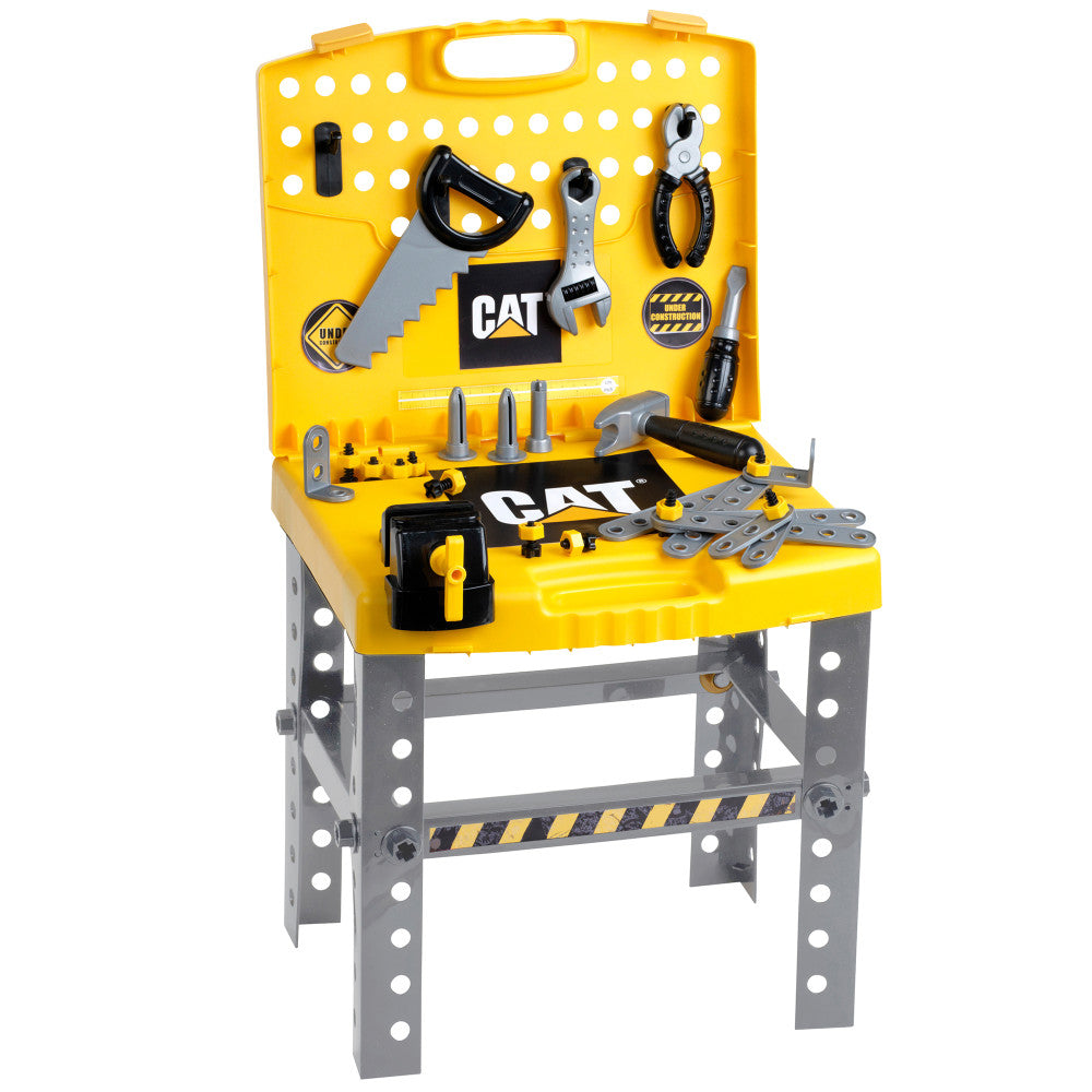 CAT Foldable Workbench with yellow carry case and gray metal frame, includes toy tools like saw, wrench, pliers, hammer, screwdriver, and metal pieces for build