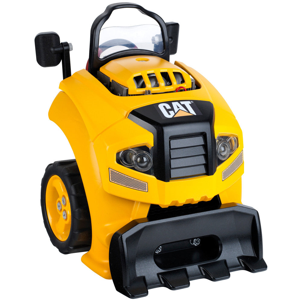 Yellow CAT ride-on construction vehicle with black plow blade, opening canopy, side mirrors, and realistic details on plain background