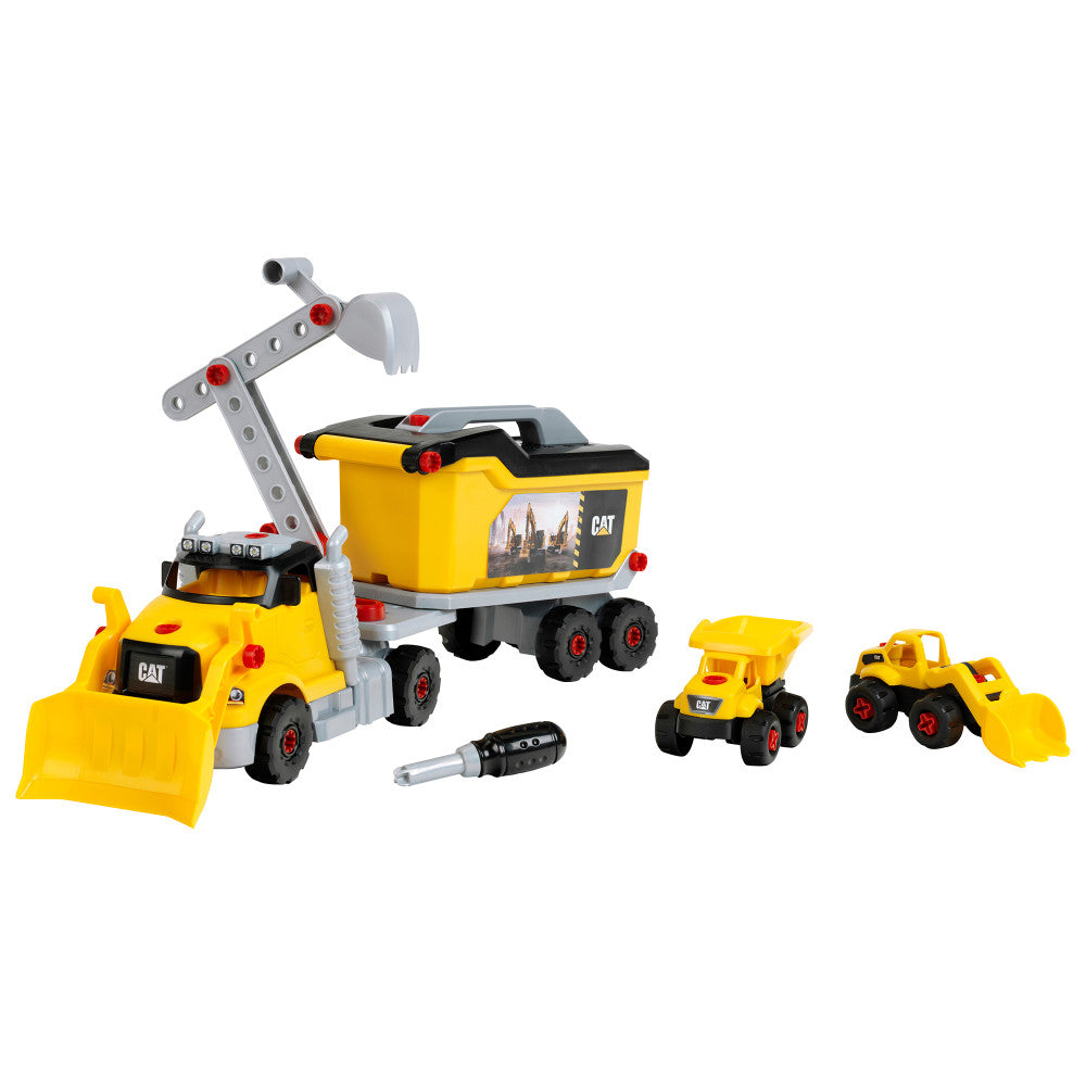 CAT 4-In-1 Screw Truck Construction Toy Set with yellow vehicles and tools