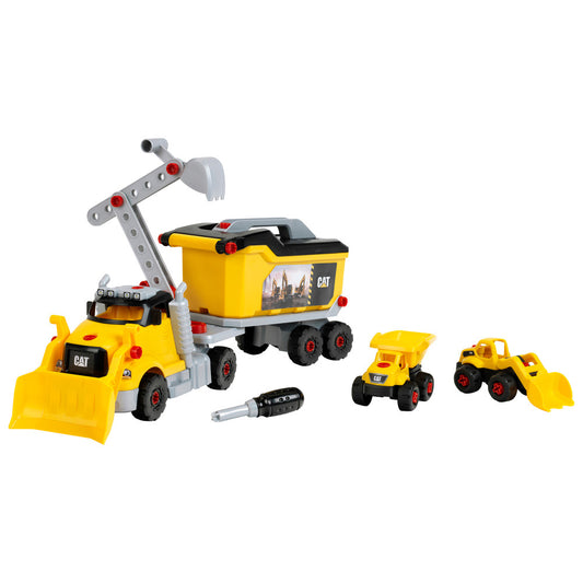 CAT 4-In-1 Screw Truck Construction Toy Set with yellow vehicles and tools