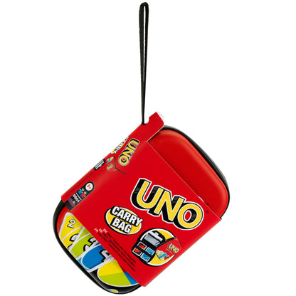 UNO Carry Bag in red with black handle, featuring colorful card designs and storage compartment
