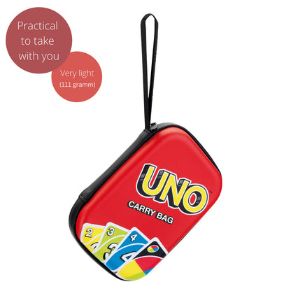 Red UNO Carry Bag with black handles, featuring game card graphics, lightweight portable storage for UNO cards