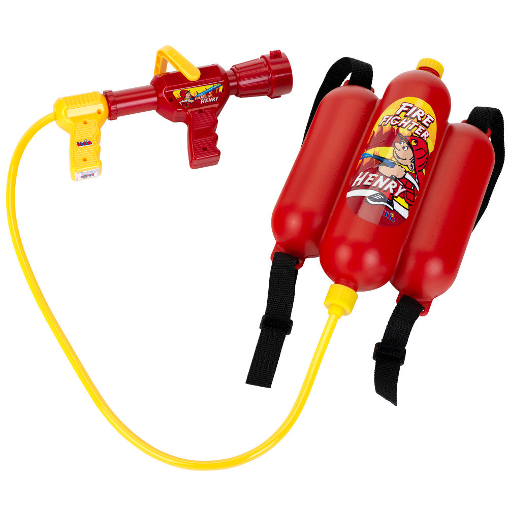 Red and yellow water sprayer backpack with black straps and connected yellow hose with trigger gun attachment, firefighter-themed design