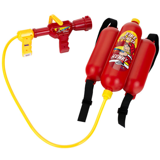 Red and yellow water sprayer backpack with black straps and connected yellow hose with trigger gun attachment, firefighter-themed design