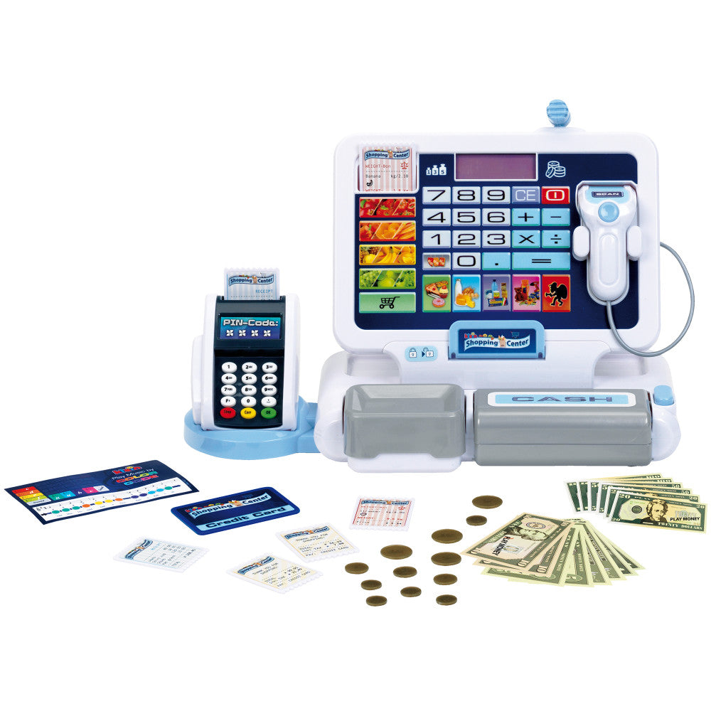 Klein Interactive Shopping Center playset with white and blue tablet-style register, handheld card reader, play money, coins, and shopping instruction cards on