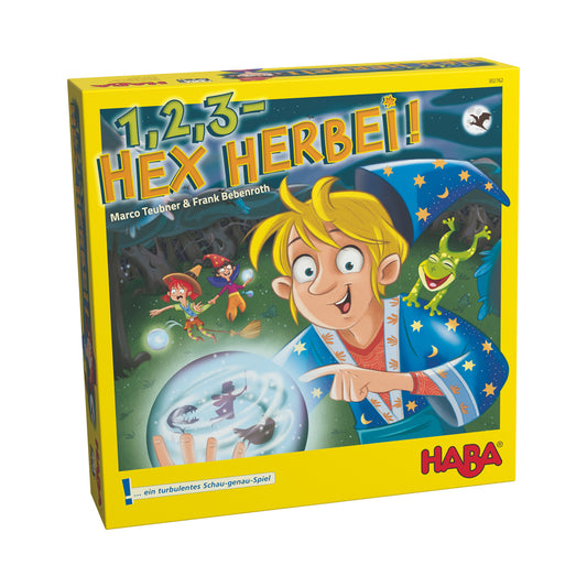 1,2,3 - Hex Herbei board game box by HABA featuring a yellow wizard character with blonde hair and magical apprentices in a nighttime scene with stars and moon