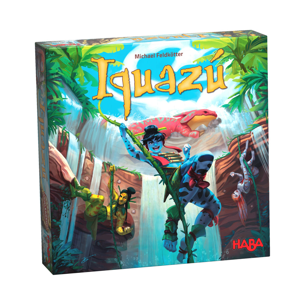 Iguazu board game box by HABA featuring illustrated jungle scene with characters climbing vines and a red macaw