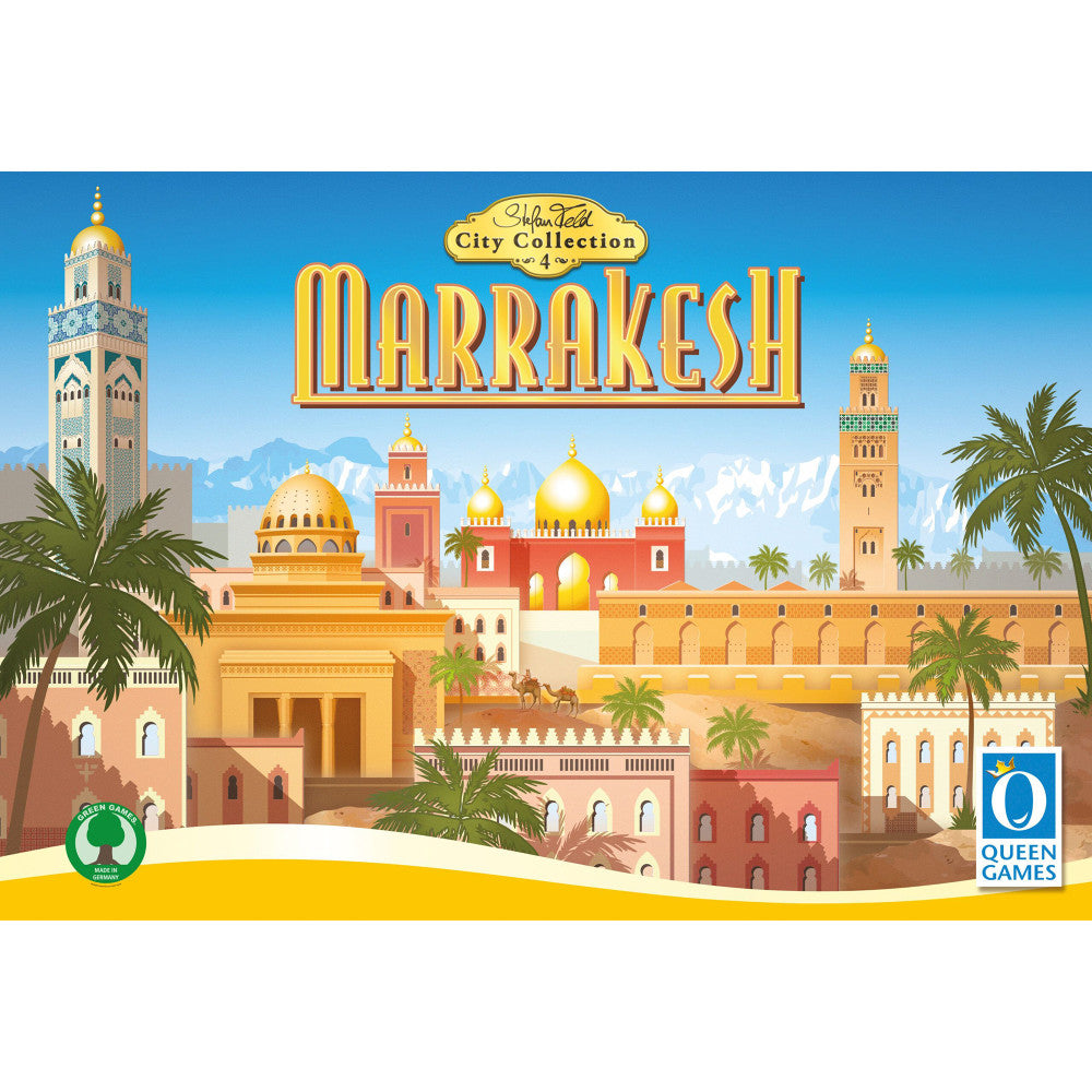 Marrakesh Essential Edition board game box featuring illustrated Moroccan architecture with golden domed mosques, minarets, palm trees, and desert landscape und