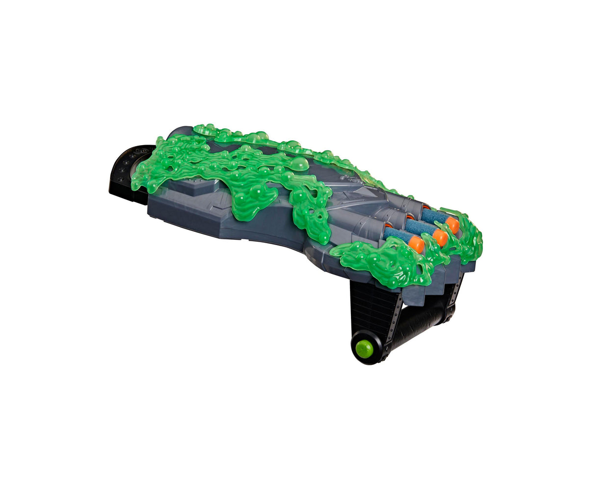 Marvel Doctor Doom Doomglow NERF Triad 3-Piece Blaster with green glow-in-the-dark gauntlet design and foam darts