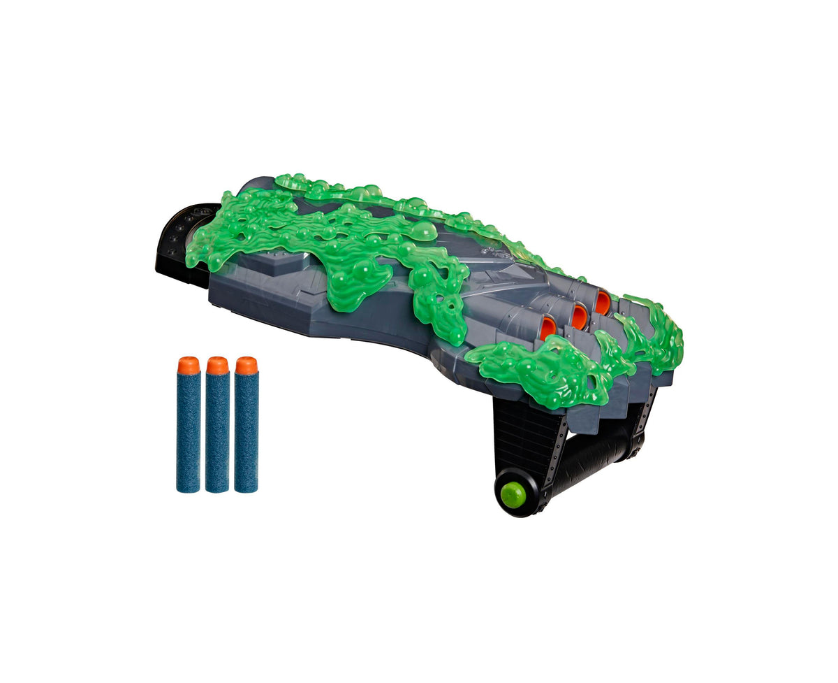 Marvel Doctor Doom Doomglow NERF Triad blaster with green glow-in-the-dark gauntlet and three foam darts