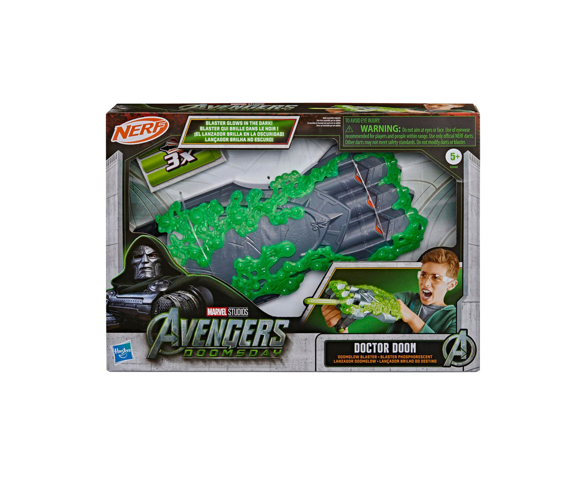 Marvel Doctor Doom Doomglow NERF Triad 3-Piece Blaster with green glow-in-the-dark gauntlet design and foam darts