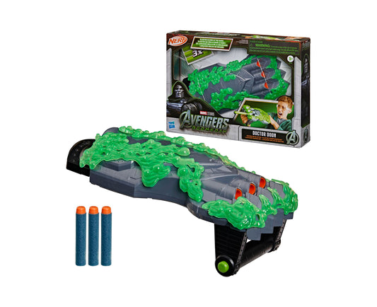 Marvel Doctor Doom Doomglow NERF Triad 3-Piece Blaster with green glow-in-the-dark gauntlet design and three foam darts