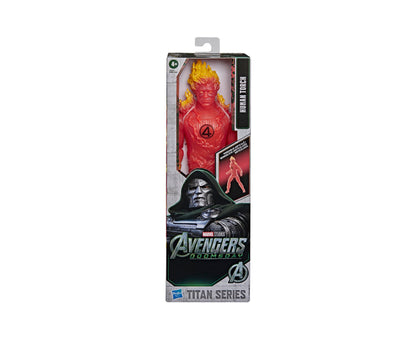 Marvel Avengers Doomsday Titan Series Human Torch 11.5" action figure in red with yellow flame hair, shown in packaging