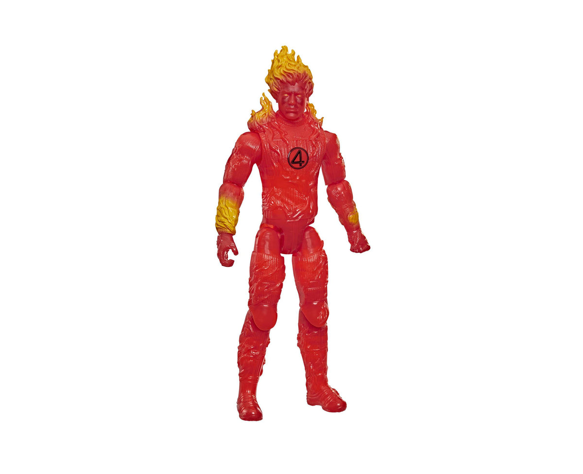 Human Torch 11.5" action figure in red suit with yellow flame hair and Fantastic Four logo