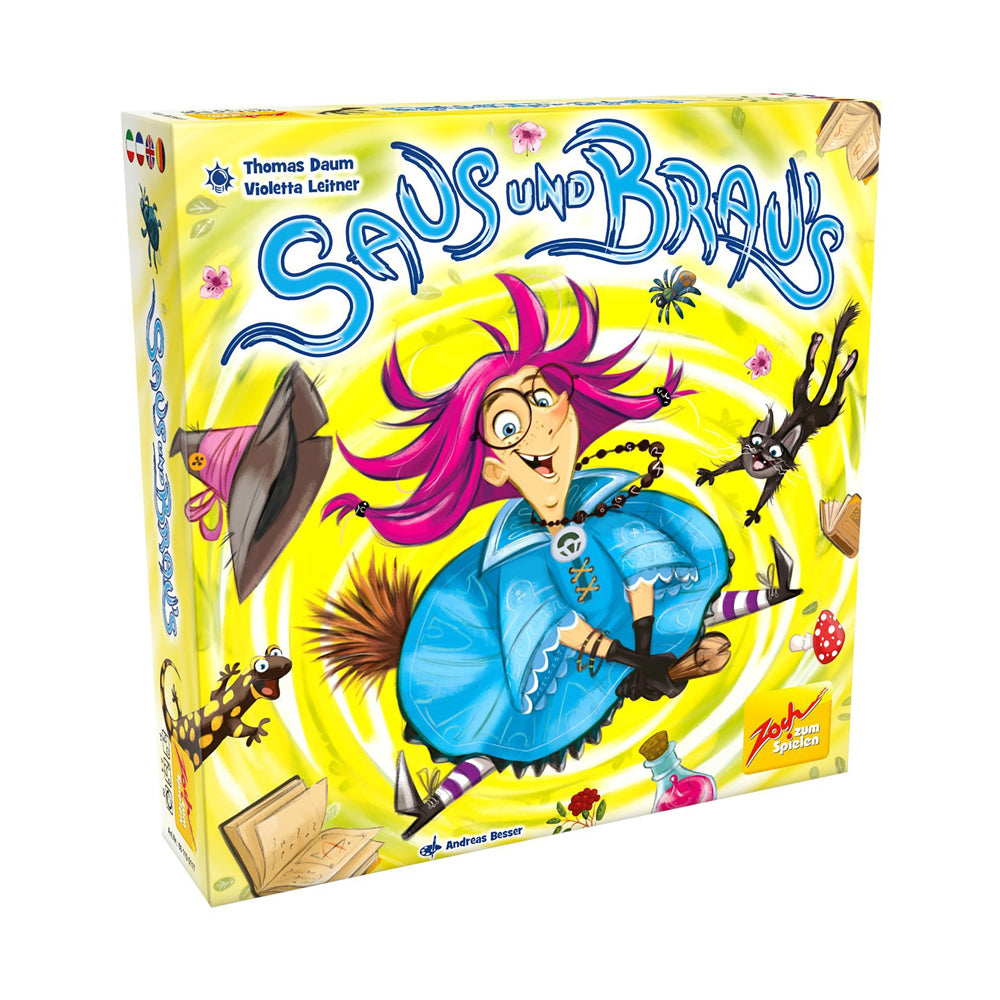 Saus und Brau's Magical Witch Brew board game box featuring a colorful witch character with pink hair in a blue outfit surrounded by magical creatures on a yell