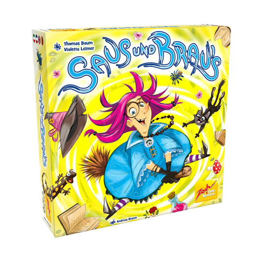 Saus und Brau's Magical Witch Brew board game box featuring a colorful witch character with pink hair in a blue outfit surrounded by magical creatures on a yell