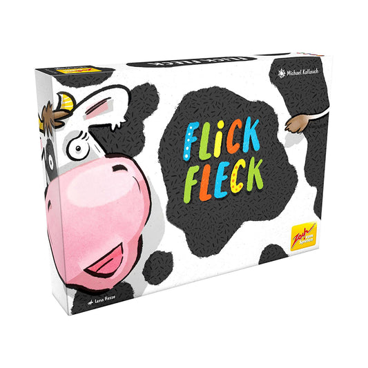 Flick Fleck board game box featuring cartoon cow character with pink and black coloring and colorful title text