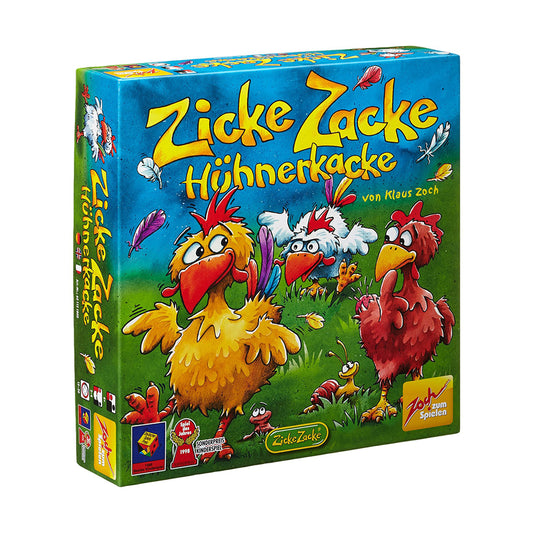 Zicke Zacke Hühnerkacke board game box featuring colorful cartoon chickens on grass with blue sky background