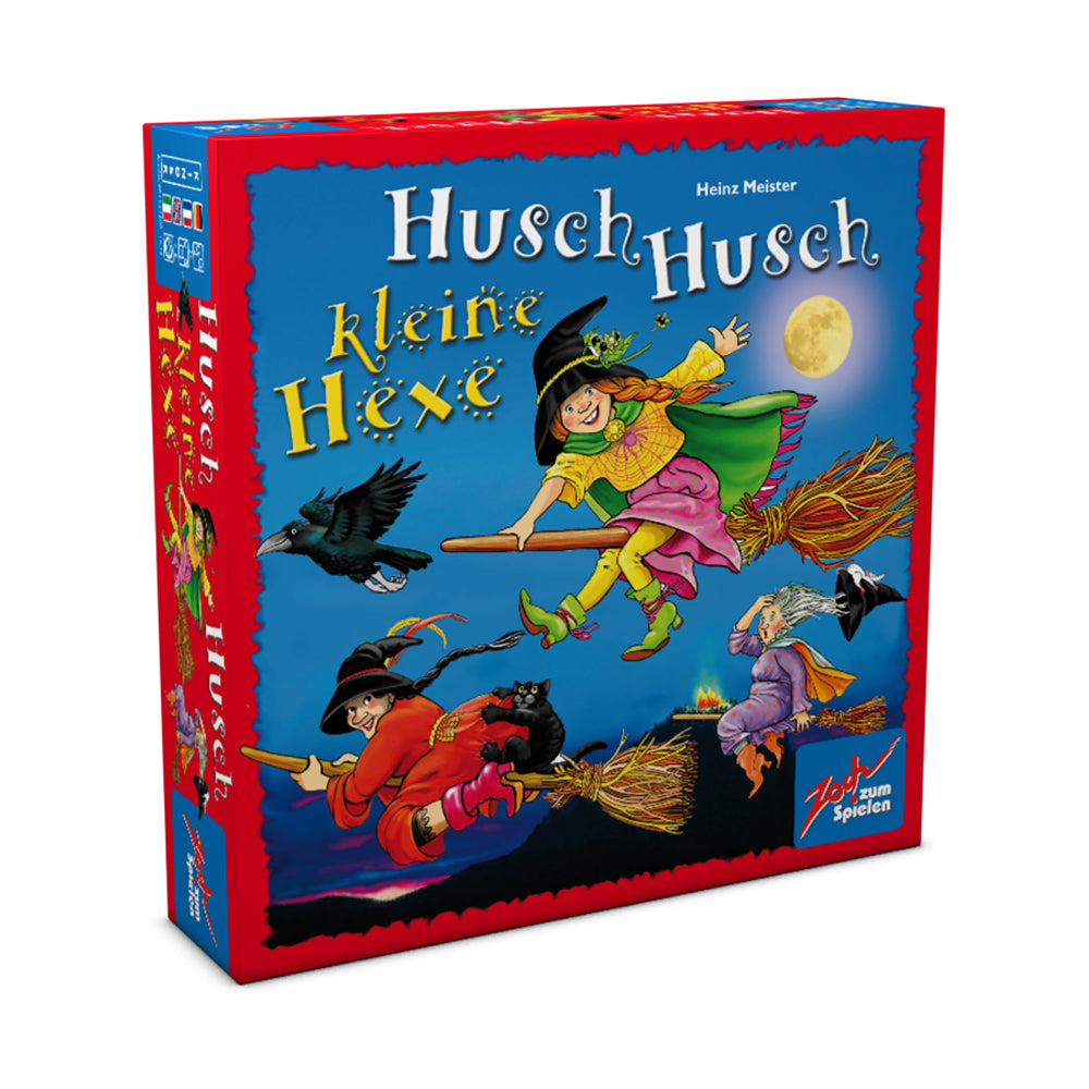 Husch Husch kleine Hexe board game box featuring witches on broomsticks against a blue night sky with moon