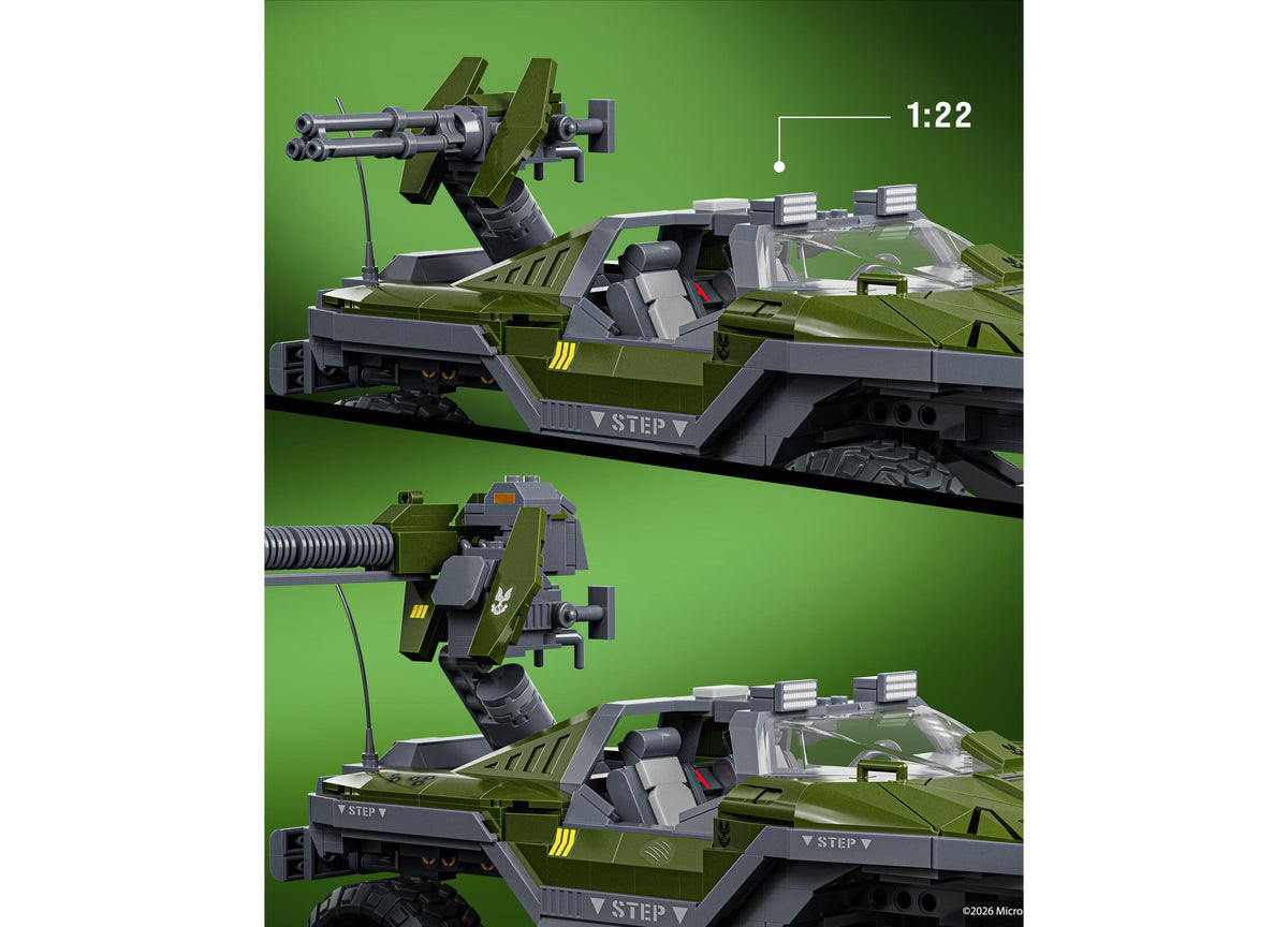 Mattel Brick Shop Halo UNSC M12 Warthog 935-piece building set in olive green with mounted cannon, shown assembled at...