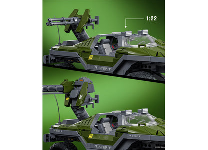 Mattel Brick Shop Halo UNSC M12 Warthog 935-piece building set in olive green with mounted cannon, shown assembled at...