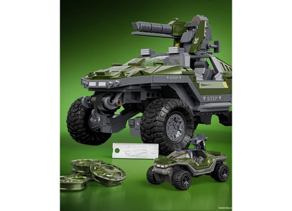 Mattel Brick Shop Halo UNSC M12 Warthog 935-piece building set with green military vehicle, cannon turret, die-cast c...