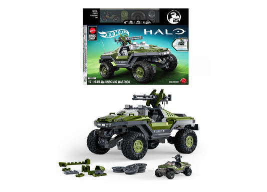 Mattel Brick Shop Halo UNSC M12 Warthog 935-piece building set with green and gray vehicle, cannon turret, and includ...