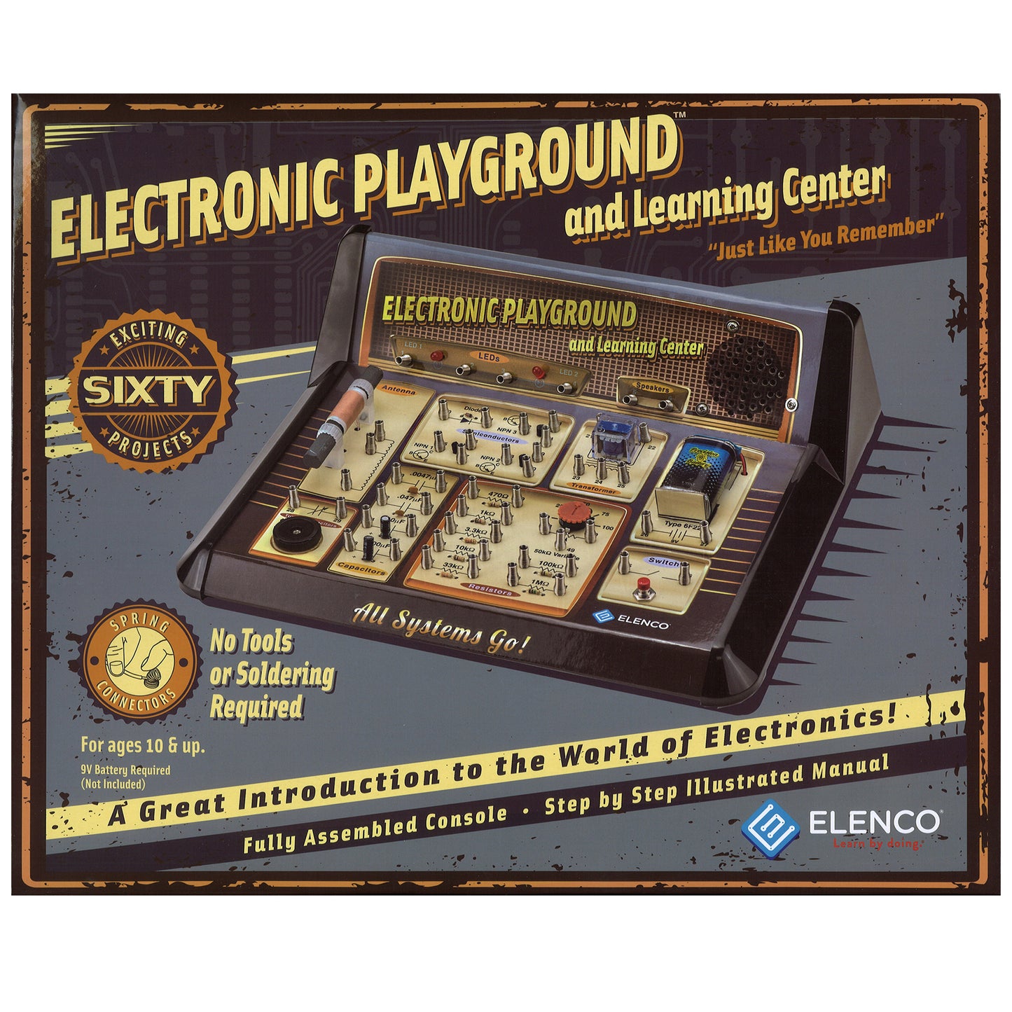 Elenco 60-In-One Electronic Playground and Learning Center package showing fully assembled console with circuit board, components, and controls on vintage-style