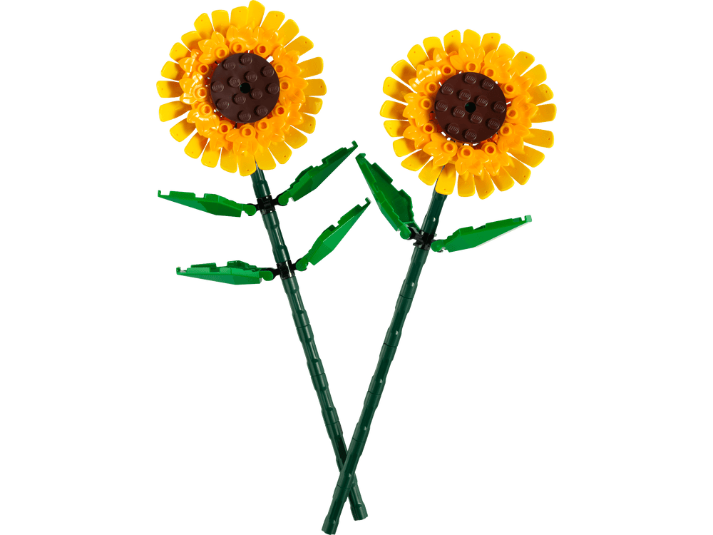 Two LEGO sunflowers with yellow petals, dark brown circular centers, and green stems with leaves