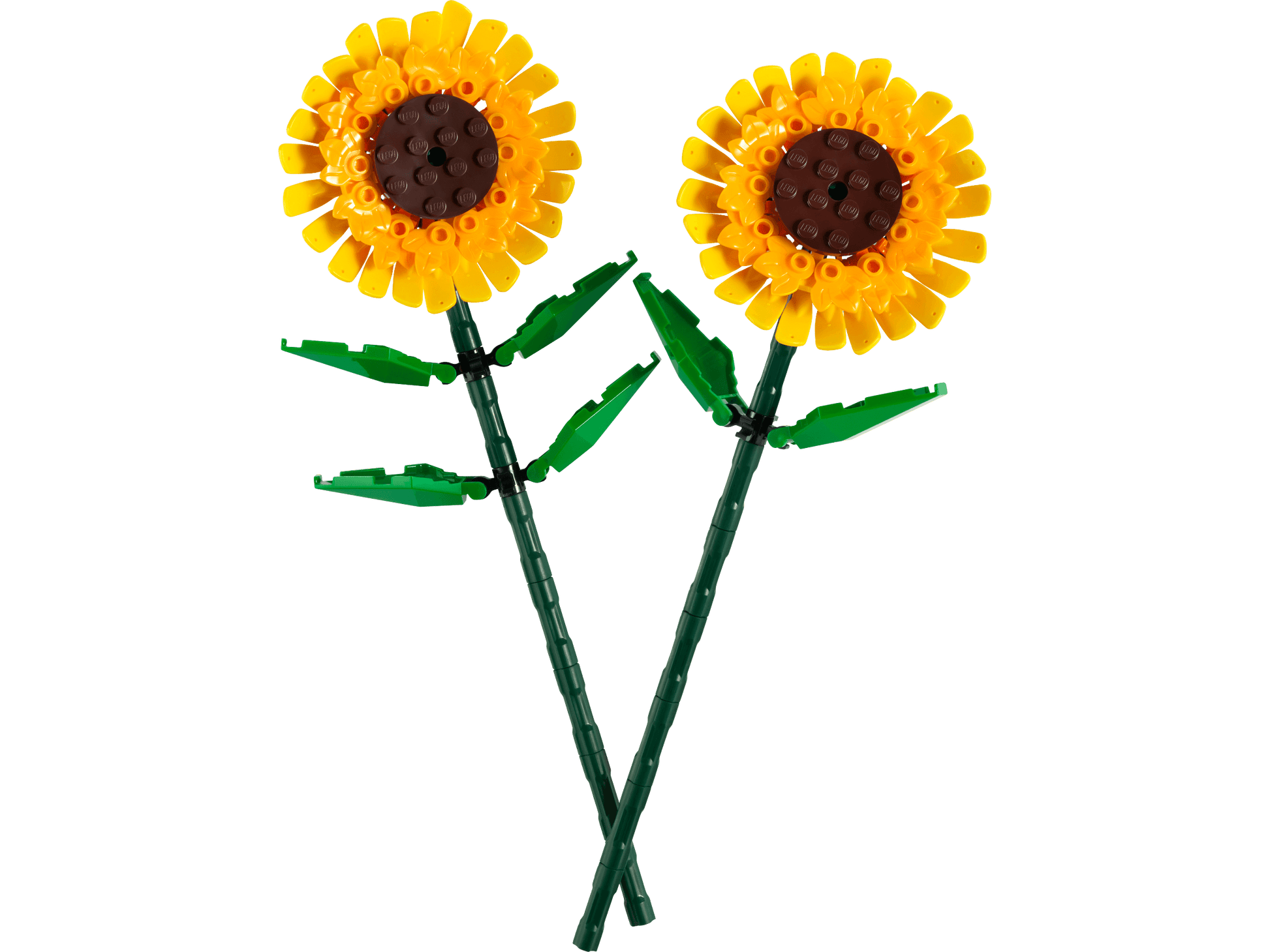 Two LEGO sunflowers with yellow petals, dark brown circular centers, and green stems with leaves