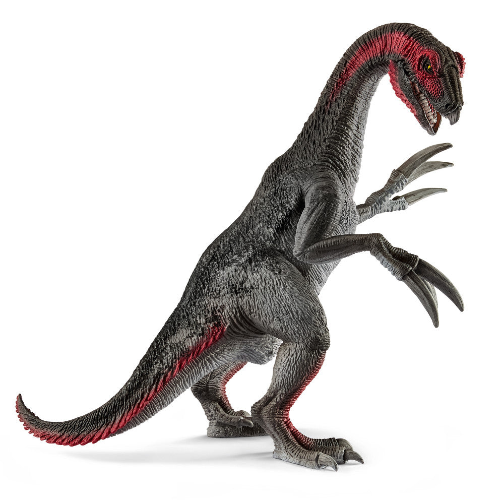 Black dinosaur action figure with red accents on head, neck, belly, and tail, featuring long curved claws on front limbs, posed against white background