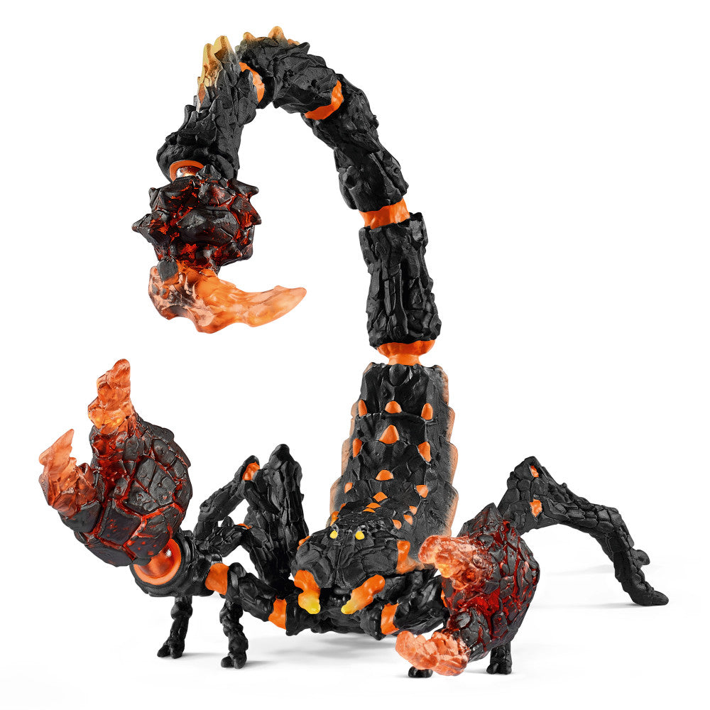 Black and orange lava scorpion action figure with glowing red crystal details and articulated limbs, shown in multiple poses on white background
