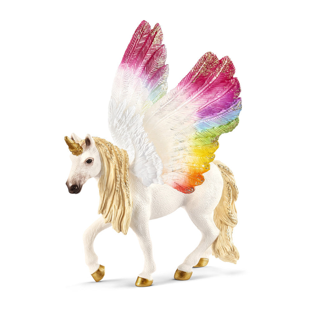 White unicorn figurine with golden horn, mane, tail, and hooves, featuring large rainbow-colored wings with gradient from pink to yellow to orange