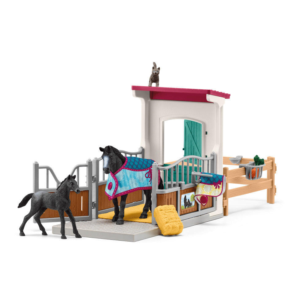 Horse Club playset with white stable building, pink roof, wooden fencing, two black horse figures with colorful blankets, foal, and yellow accessories on plain