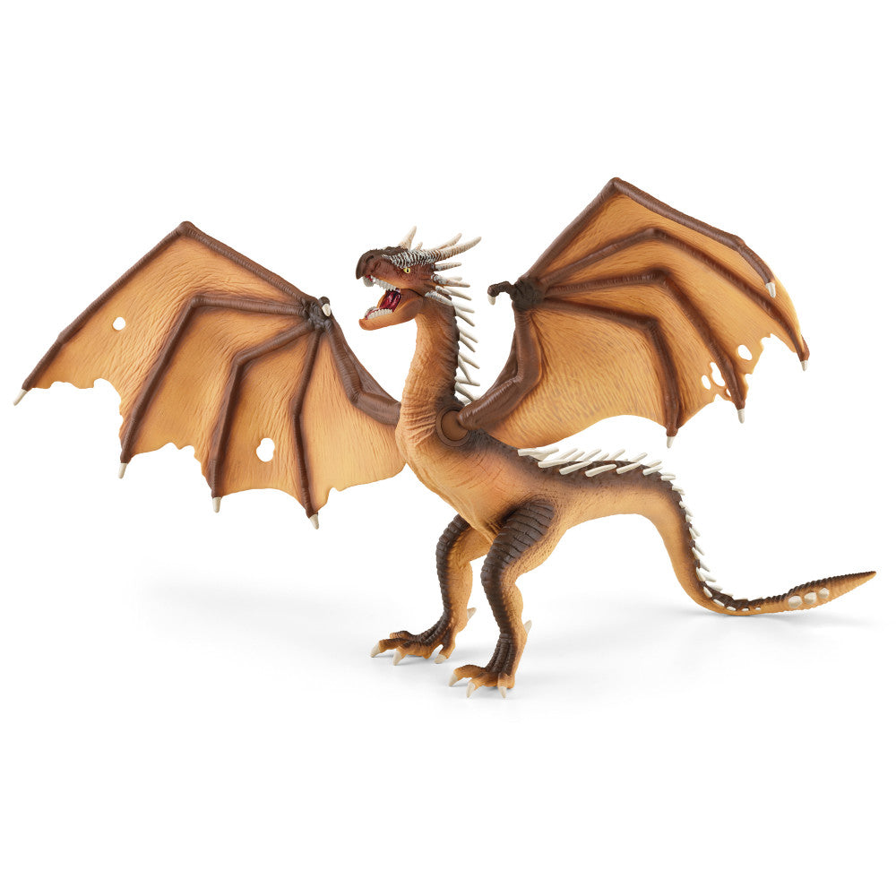 Brown dragon figurine with large membranous wings, spikes along neck and back, open mouth showing teeth, and a long tail with cream-colored belly scales
