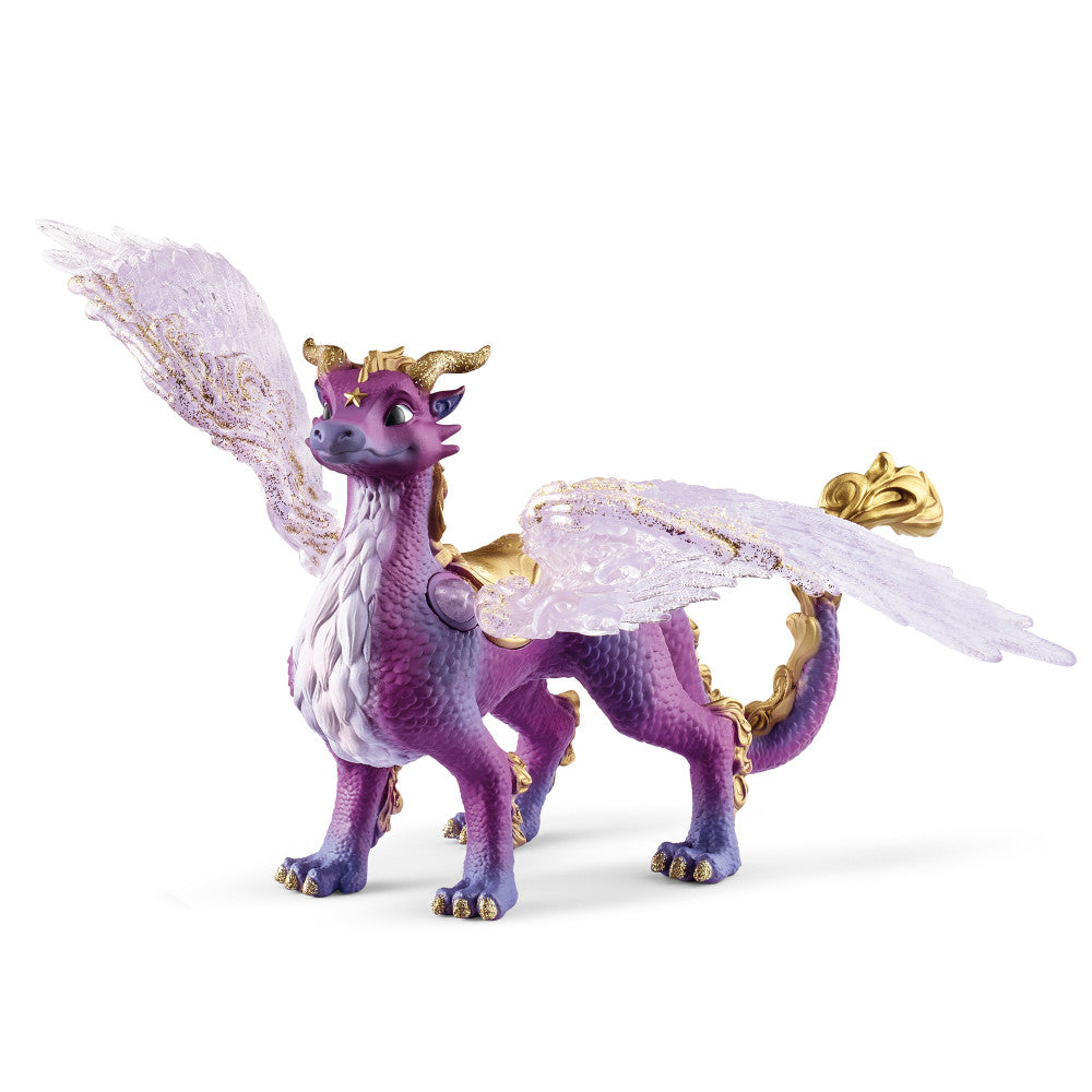 Purple dragon figurine with gold horns, chest plate, and claw details; translucent lavender wings; white maned chest; posed against white background