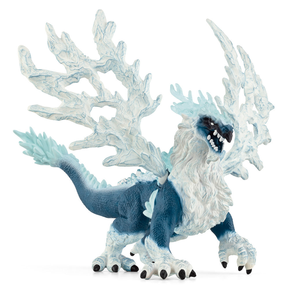 White and blue ice dragon action figure with crystalline spikes, furry white mane, dark blue face markings, and clawed feet