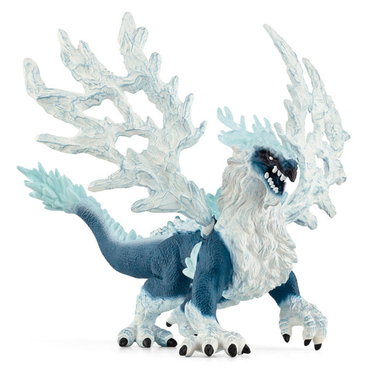 White and blue ice dragon action figure with crystalline spikes, furry white mane, dark blue face markings, and clawed feet