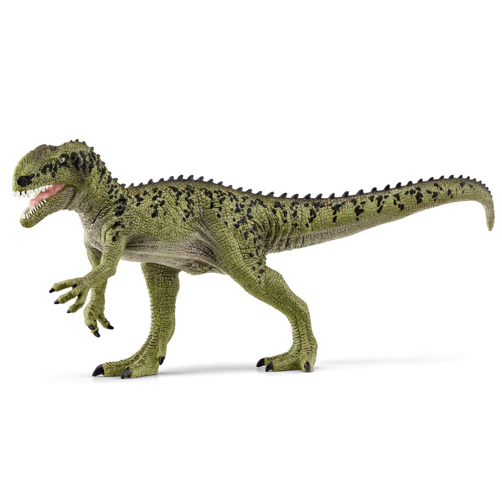 Monolophosaurus dinosaur action figure, olive-green with black markings, articulated limbs and tail, mouth open showing pink interior