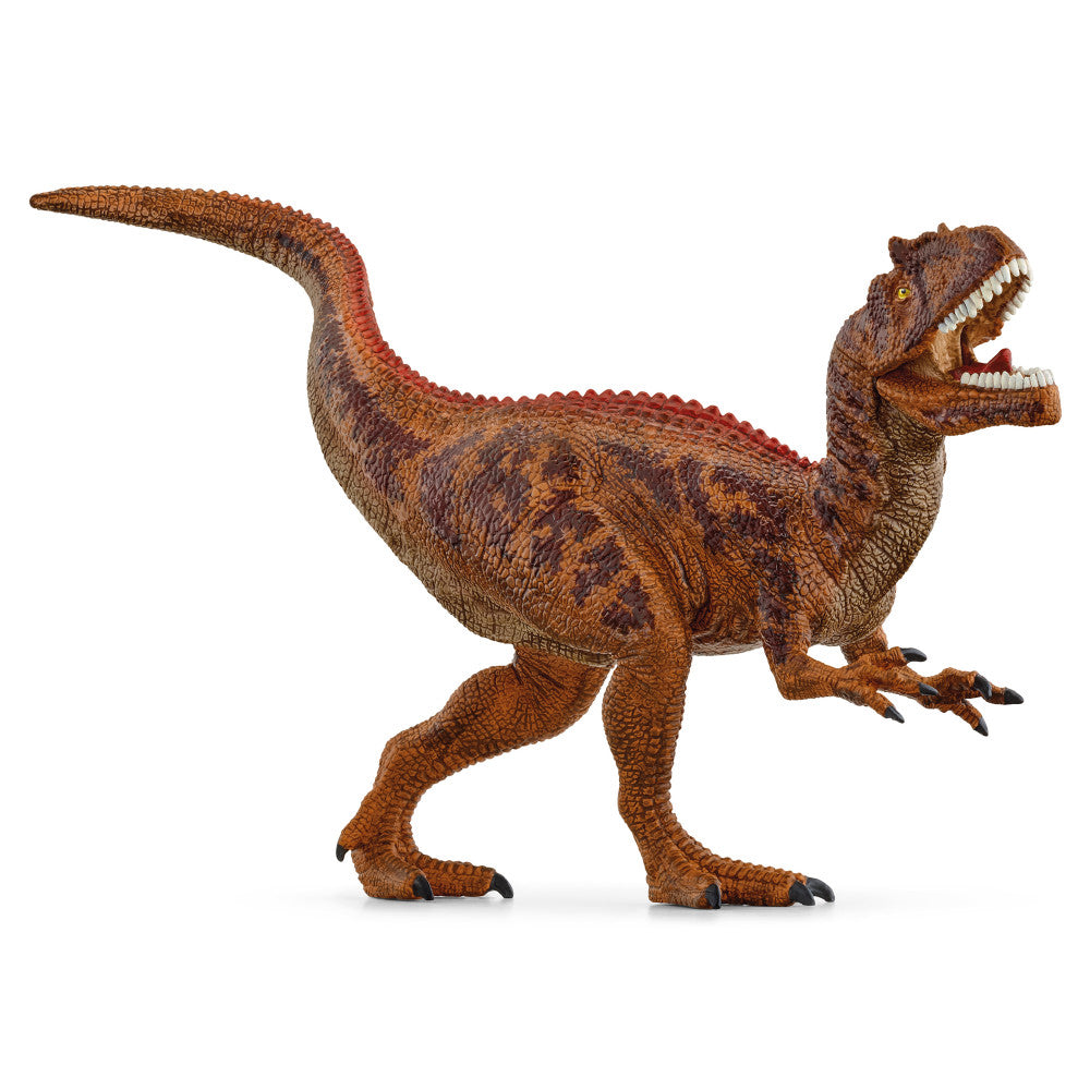 Brown and red textured Allosaurus dinosaur action figure with open mouth showing teeth, long tail, and clawed feet on plain background