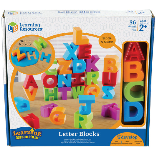 Learning Resources Letter Blocks, 36-piece colorful alphabet set with stacking blocks in red, blue, orange, green, and purple displayed on wooden surface