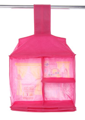 Bright pink fabric dollhouse with chimney and hanging loop, showing multiple room compartments with miniature furniture and accessories inside