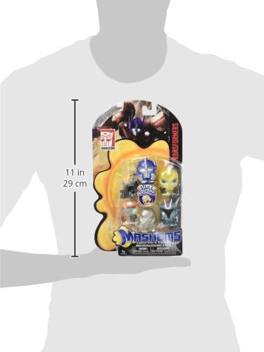 Transformers Mash'ems Series 1 Blind Pack displayed on model, showing 11 in / 29 cm scale with character figures and yellow packaging