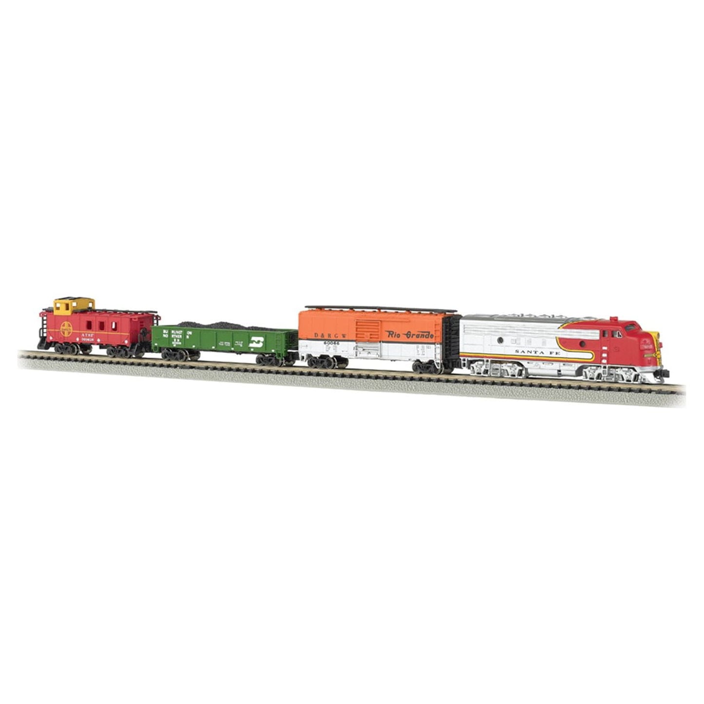 Bachmann Trains Super Chief Ready To Run N Scale electric train set with red locomotive, green and orange freight cars