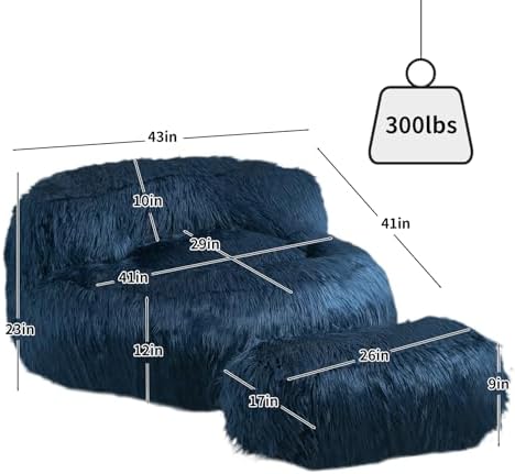 Size and weight guide showing dimensions in inches and 300lbs weight capacity for oversized navy blue furry bean bag chair with ottoman