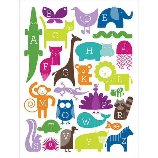Colorful alphabet animals chart with letters A-Z each paired with a stylized animal shape in bright colors including green crocodile, yellow cat, purple butterf