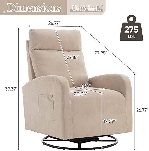 Beige upholstered swivel glider recliner with dimensions and weight specifications marked; 26.77" W × 39.37" H, seat 20.08" W × 19.09" D, back 22.83" H, 275 lbs